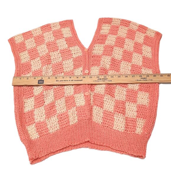 Hand Knit Handmade Pullover Sweater Vest Crop Top Size M Peach Checkerboard NEW - Picture 7 of 10